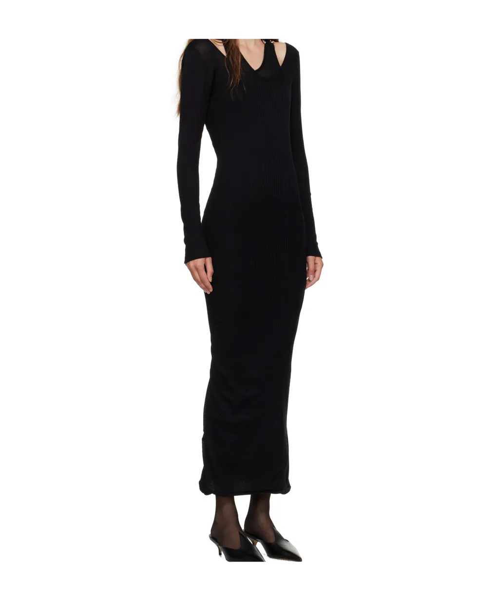 Black Ribbed Twisted Double Layer Piercing Midi Dress