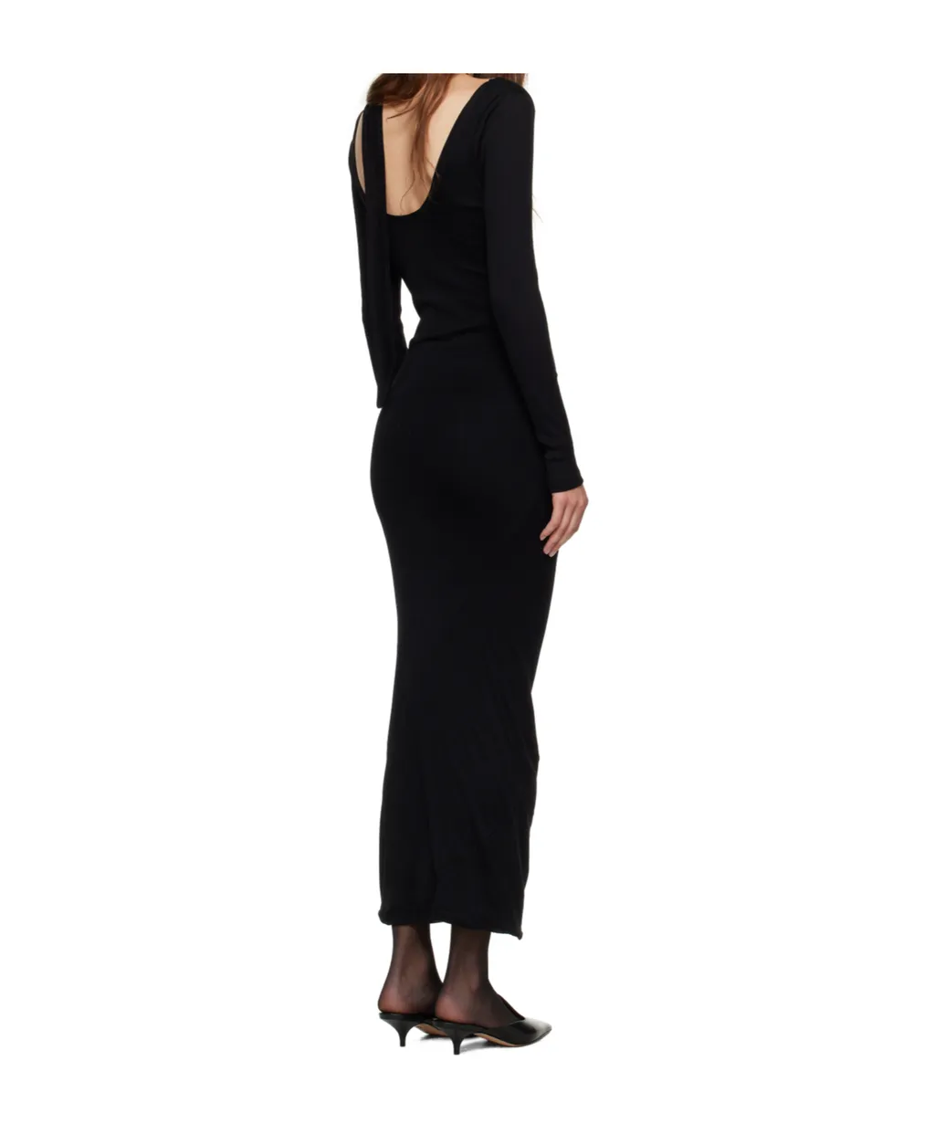 Black Ribbed Twisted Double Layer Piercing Midi Dress