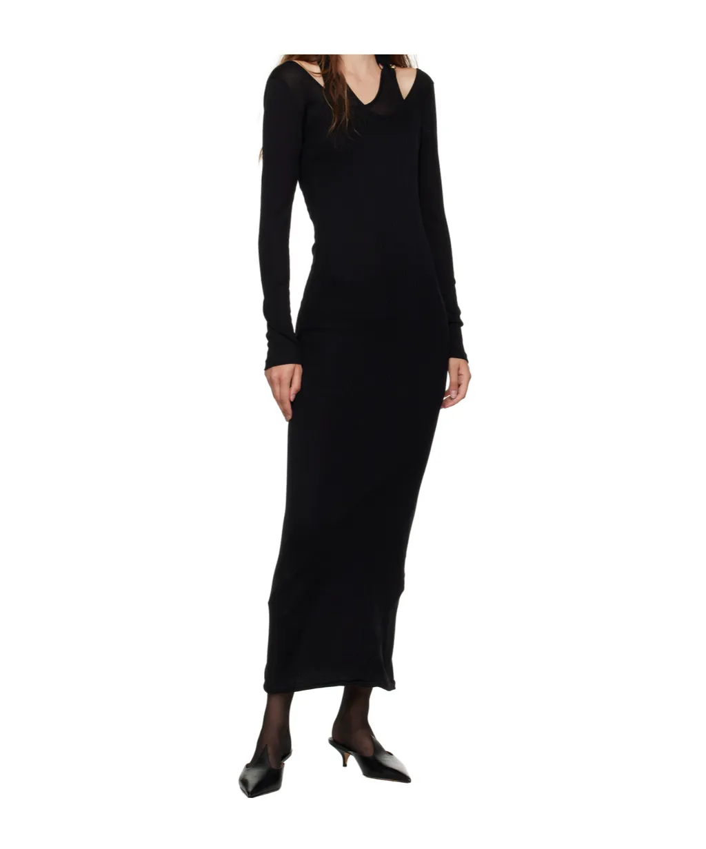 Black Ribbed Twisted Double Layer Piercing Midi Dress