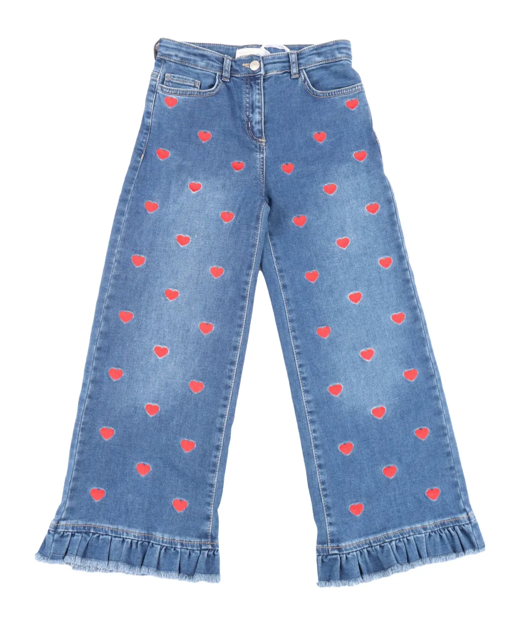 Monnalisa Heart-Embroidered Frayed Jeans