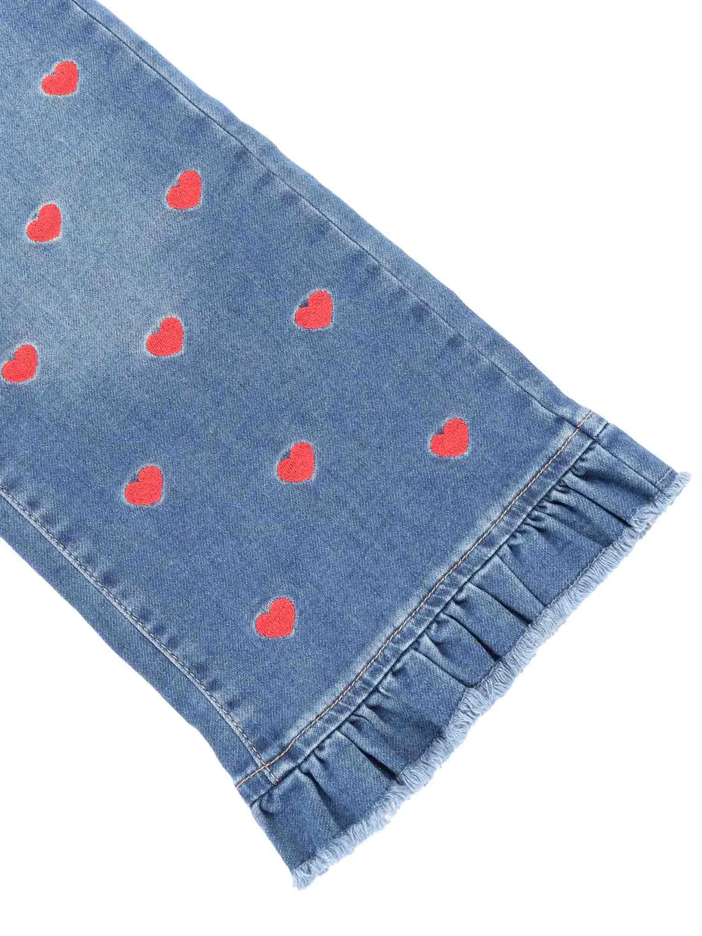 Monnalisa Heart-Embroidered Frayed Jeans