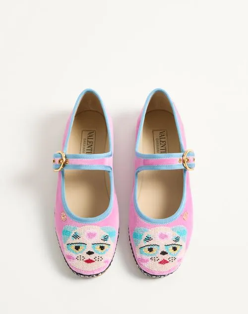 Mary-Jane Endouce Velvet Ballerina With Le Chat De La Maison Embroidery
