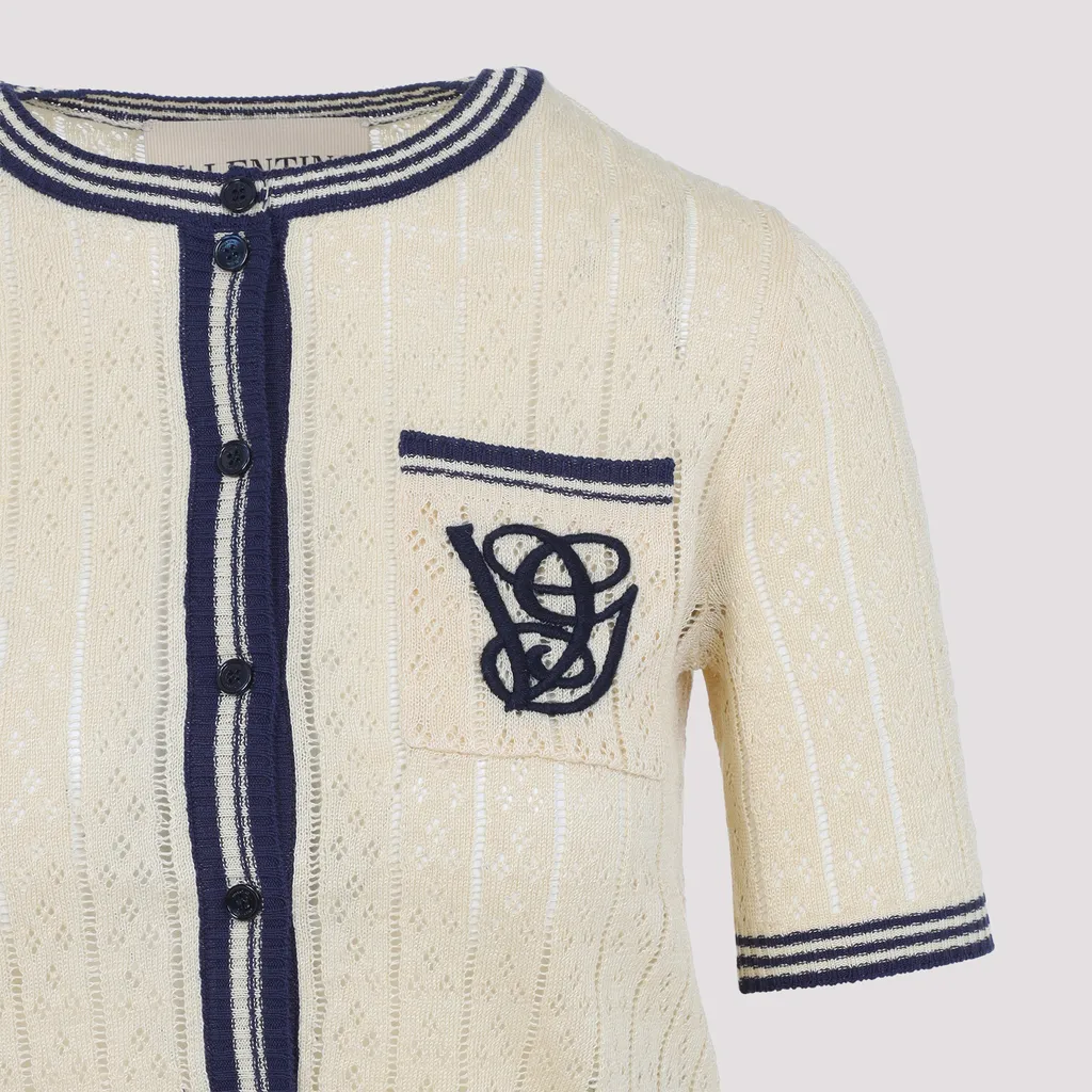Embroidered-Pocket Short-Sleeve Cardigan