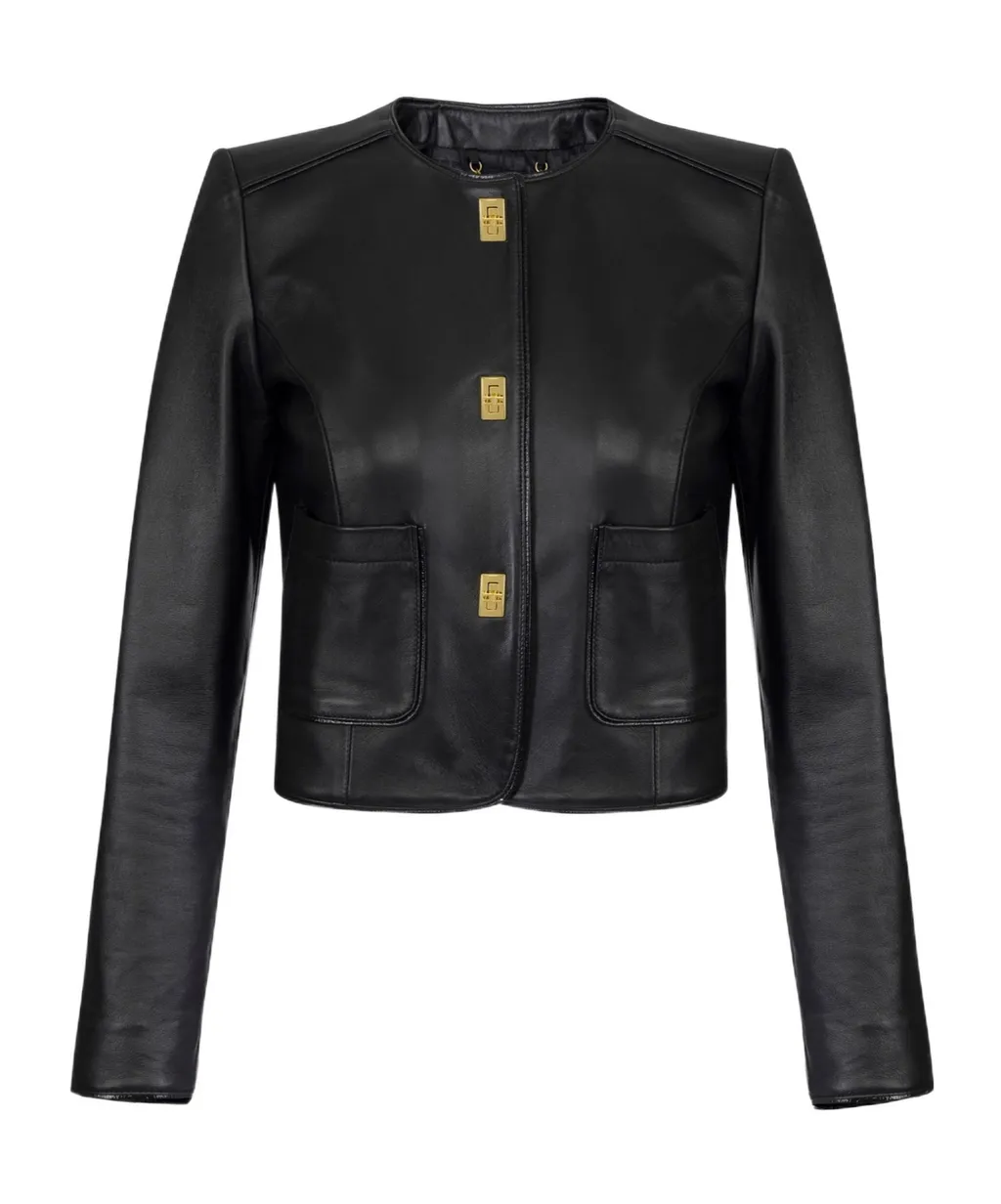 Hook-Fastening Leather Jacket
