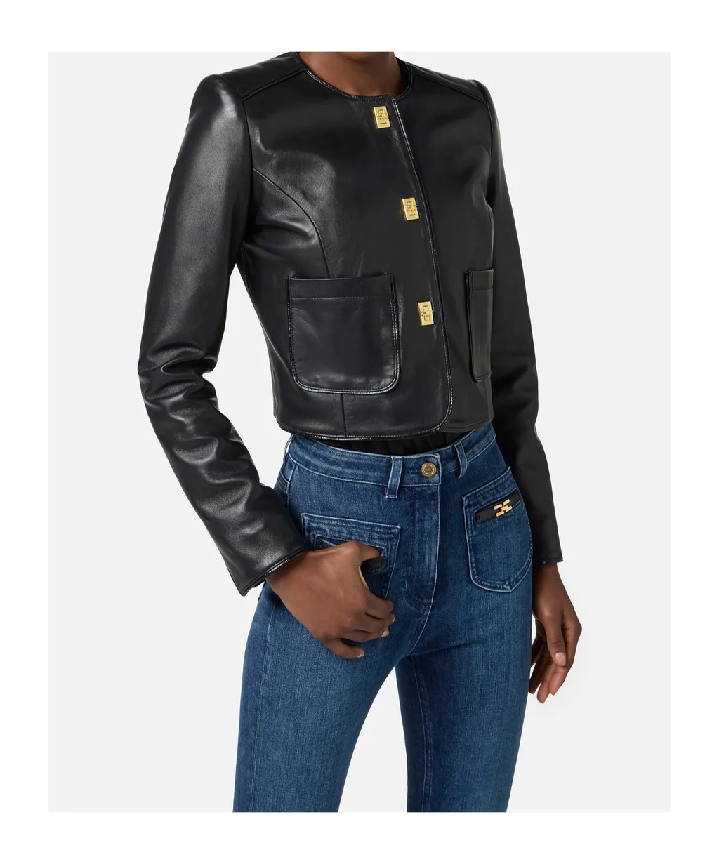Hook-Fastening Leather Jacket