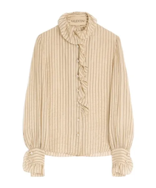 Valentino Striped Ruffle Detailed Button-Up Shirt
