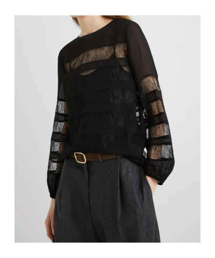 Georgette Blouse With Lace Detail - Black