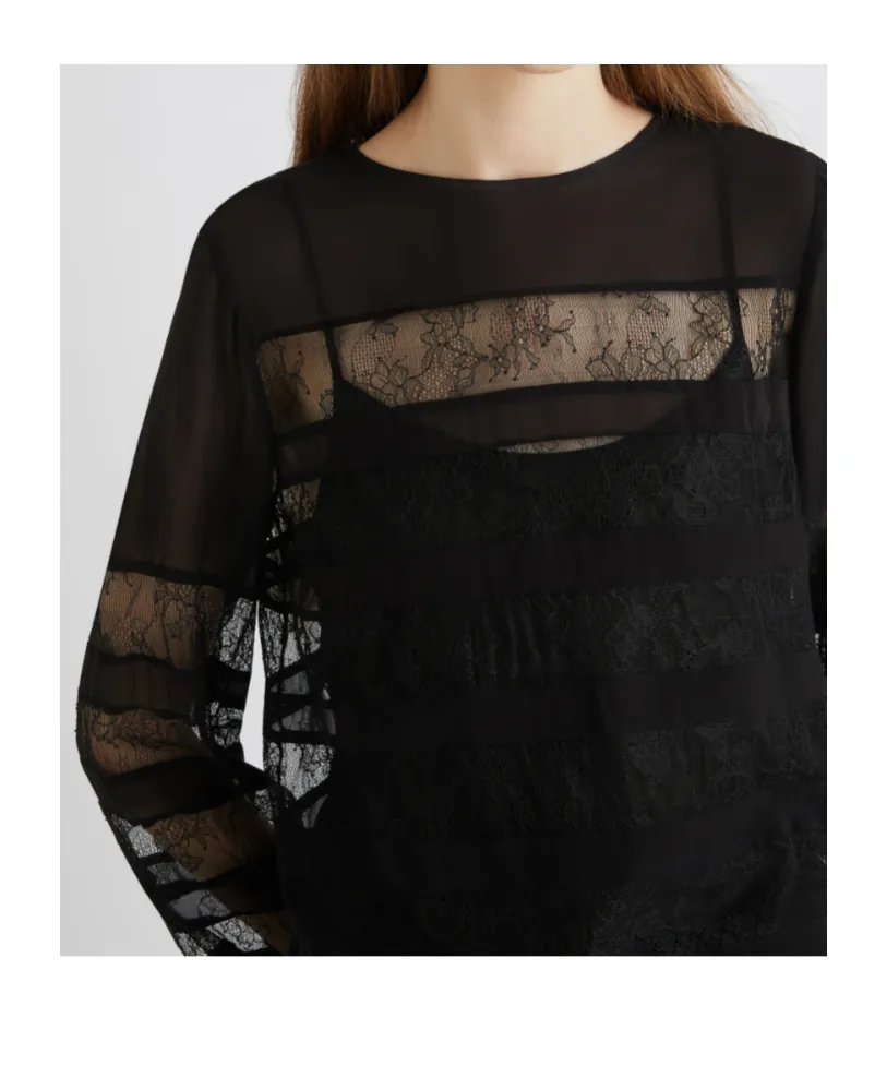 Georgette Blouse With Lace Detail - Black