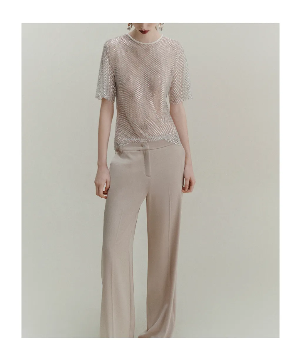 Rhinestone-Adorned Mesh T-Shirt - Wool White