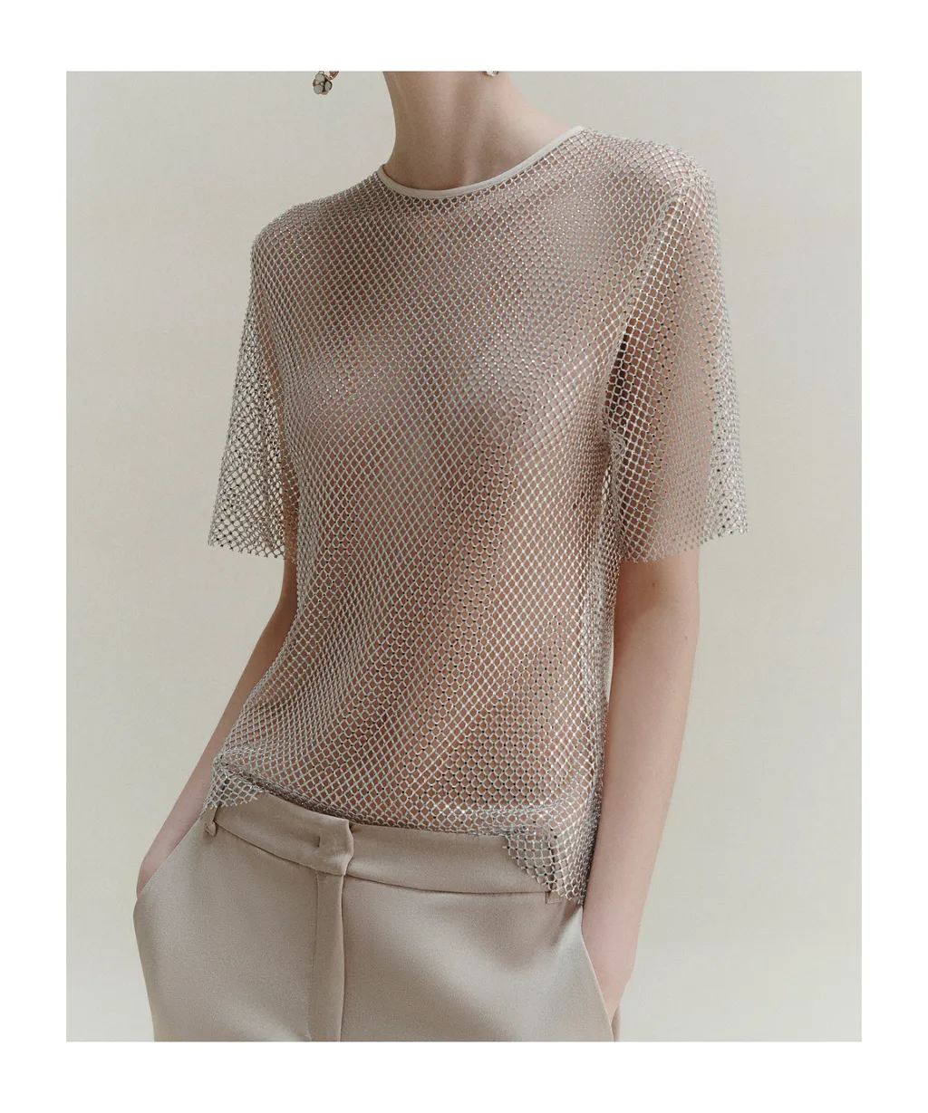 Rhinestone-Adorned Mesh T-Shirt - Wool White