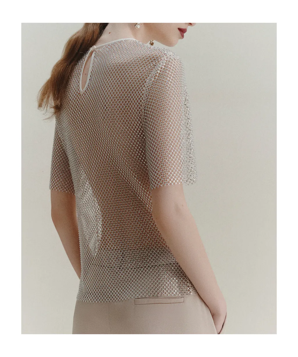 Rhinestone-Adorned Mesh T-Shirt - Wool White