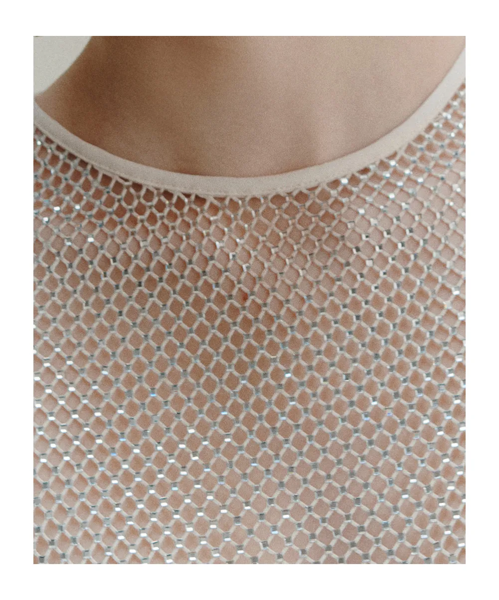 Rhinestone-Adorned Mesh T-Shirt - Wool White