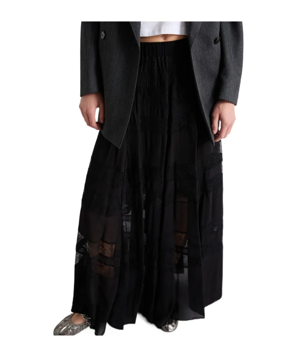 Lace-Insert Skirt - Black