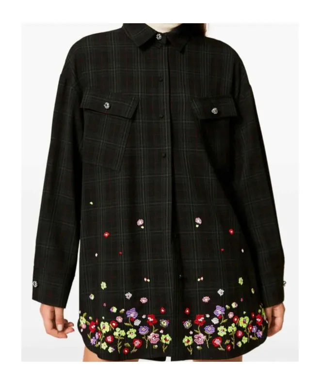 Floral-Embroidered Tartan Shirt
