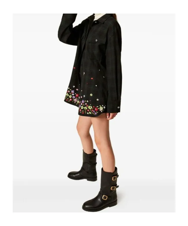 Floral-Embroidered Tartan Shirt
