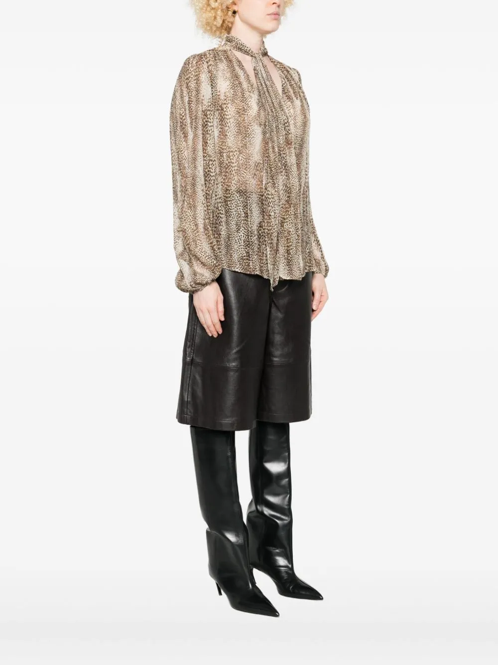 Animal-Print Tie-Neck Blouse