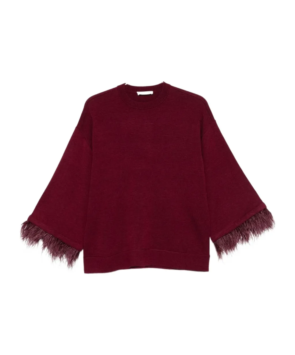 Knitted Sweater With Feather Trim At The Hood