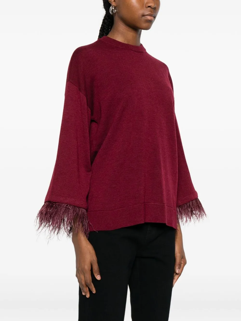 Knitted Sweater With Feather Trim At The Hood