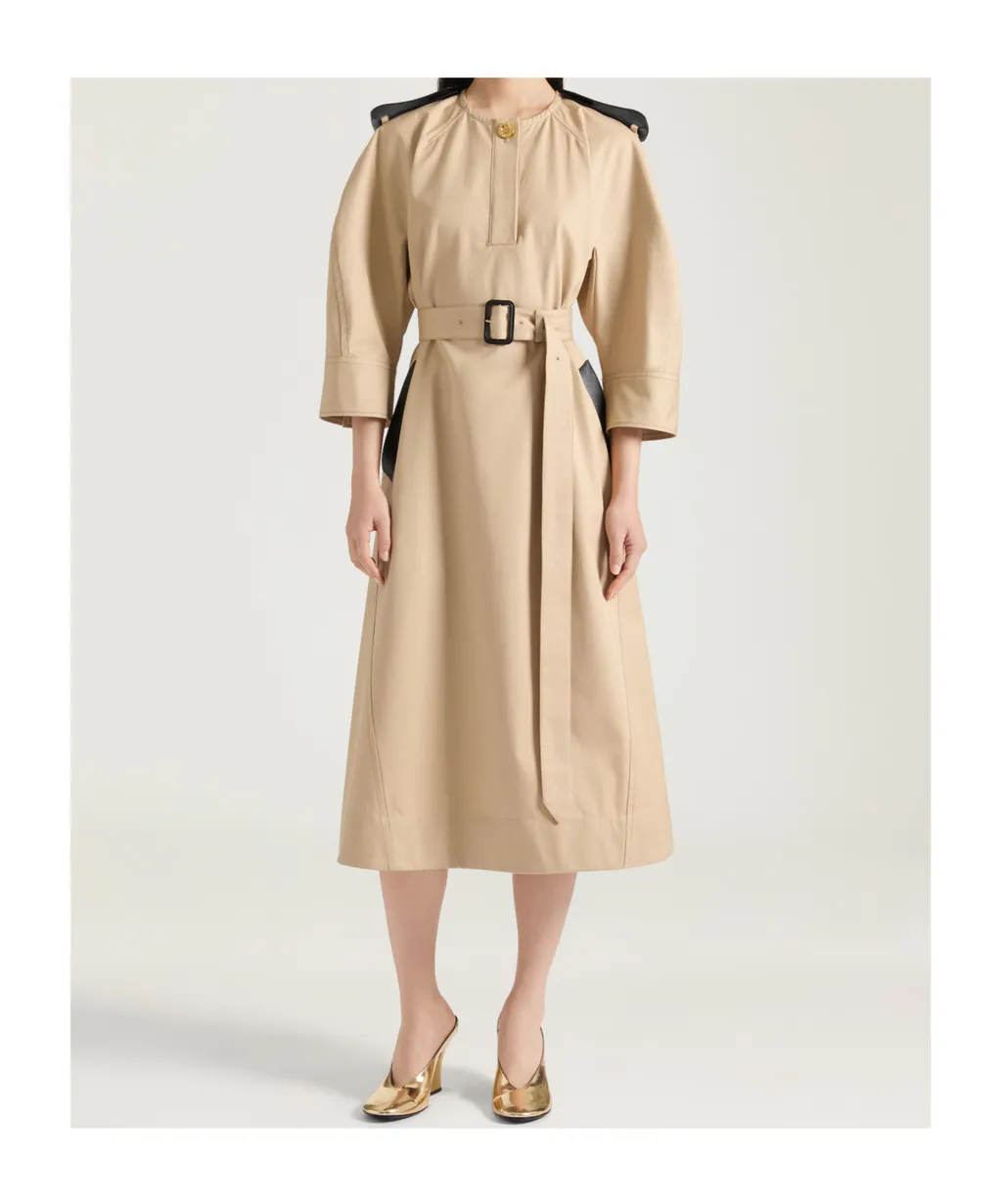 Dress In Coton With Leather Details