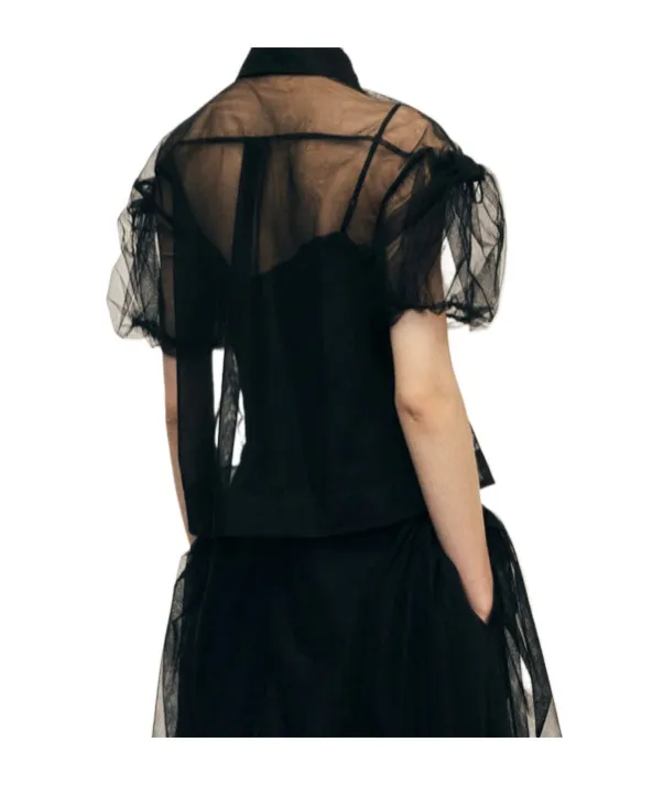 Sheer Cropped Bow Puff Sleeve Shirt