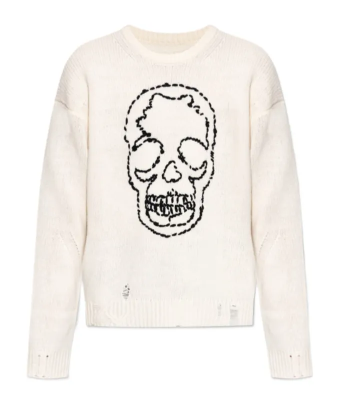 Skull-Embroidered Distressed Sweater