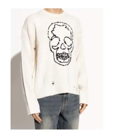 Skull-Embroidered Distressed Sweater