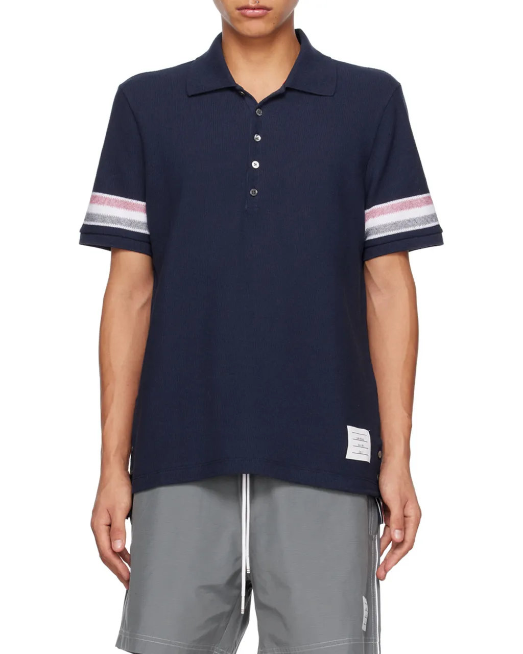 Thom Browne Logo Patch Striped Polo Shirt