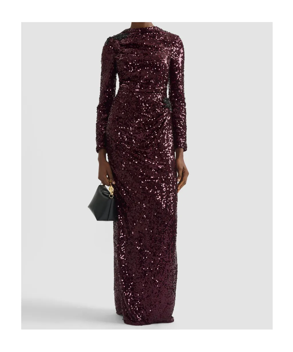Crystal-Embellished Draped Sequined Crepe De Chine Gown