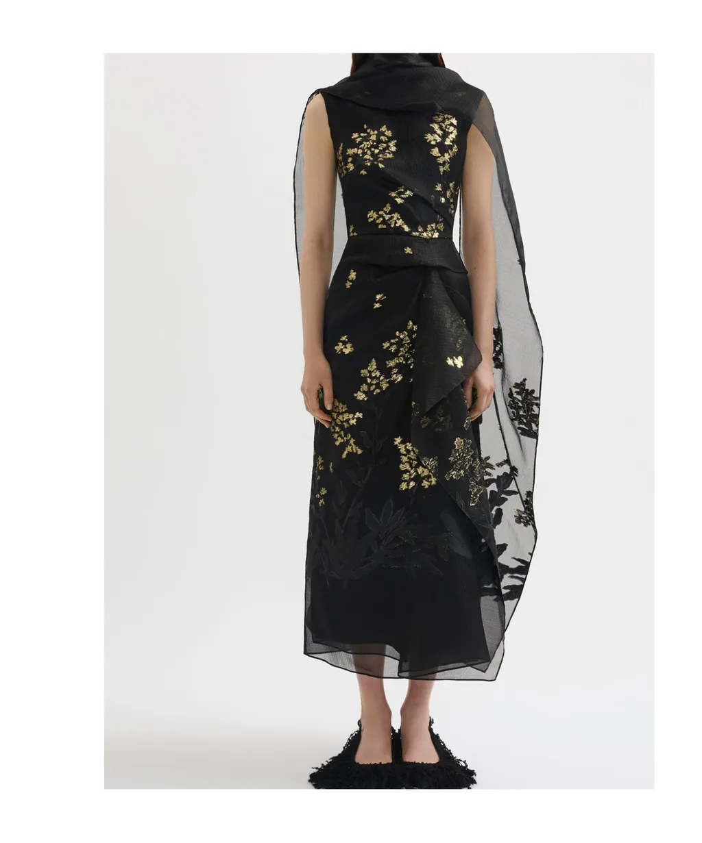 Organza Openwork Pleated Midi Dress