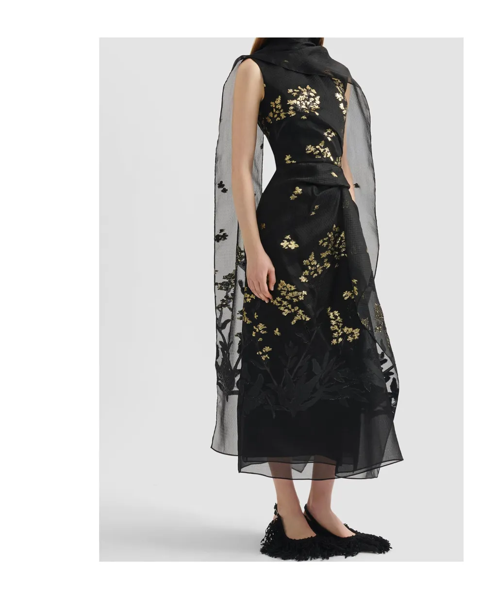 Organza Openwork Pleated Midi Dress