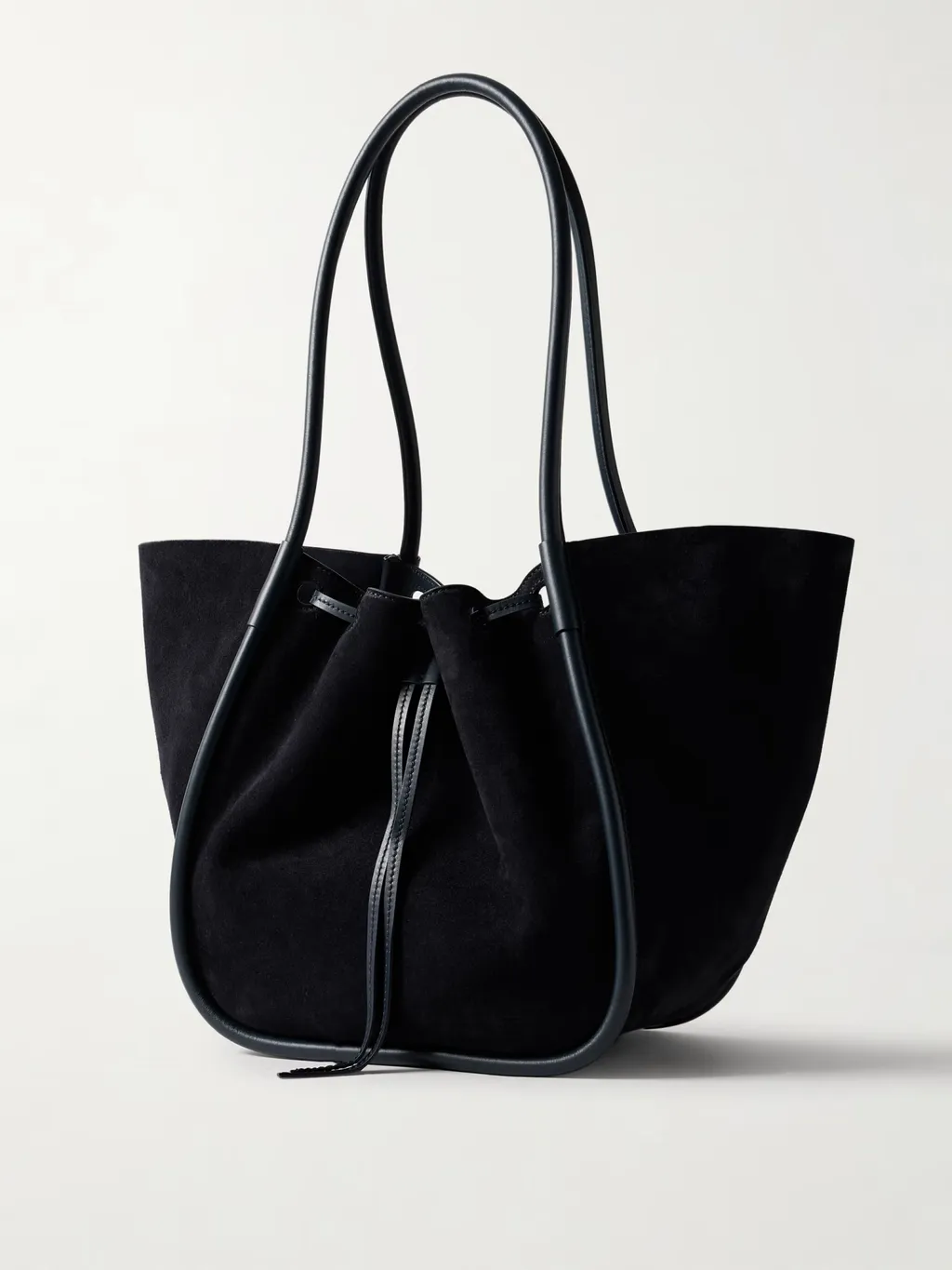 Large Leather-Trimmed Ruched Suede Tote