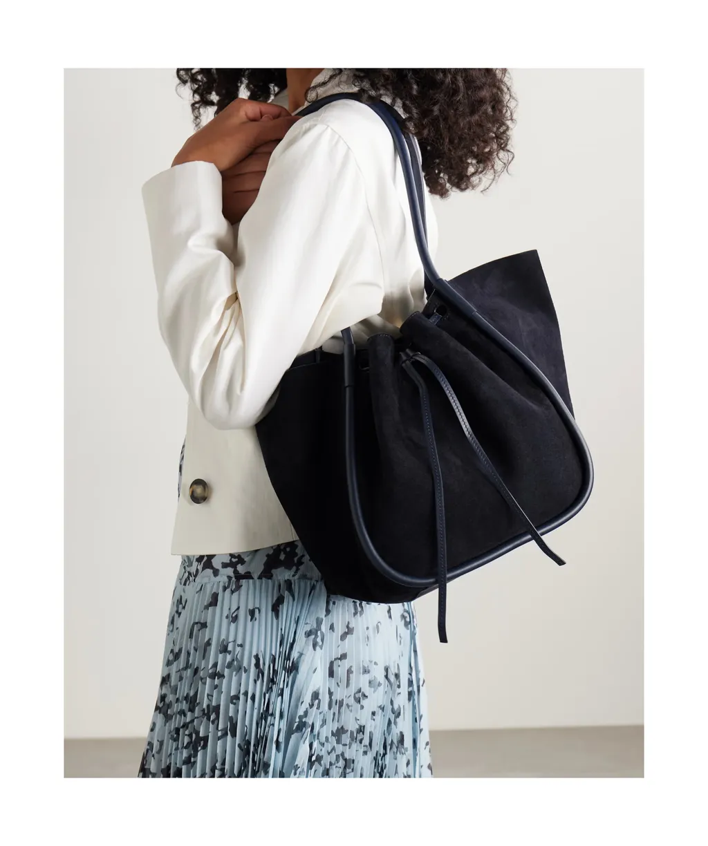 Large Leather-Trimmed Ruched Suede Tote