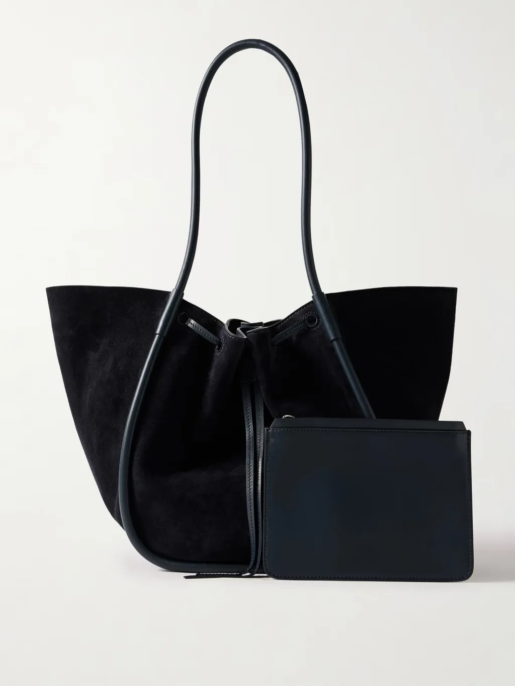 Large Leather-Trimmed Ruched Suede Tote