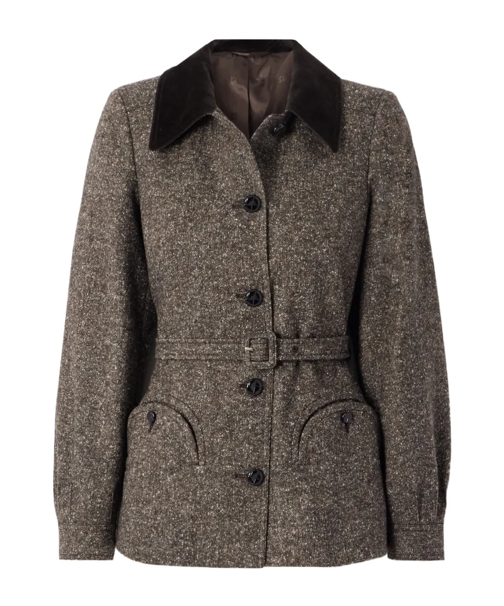 Sarissa Belted Velvet-Trimmed Tweed Jacket