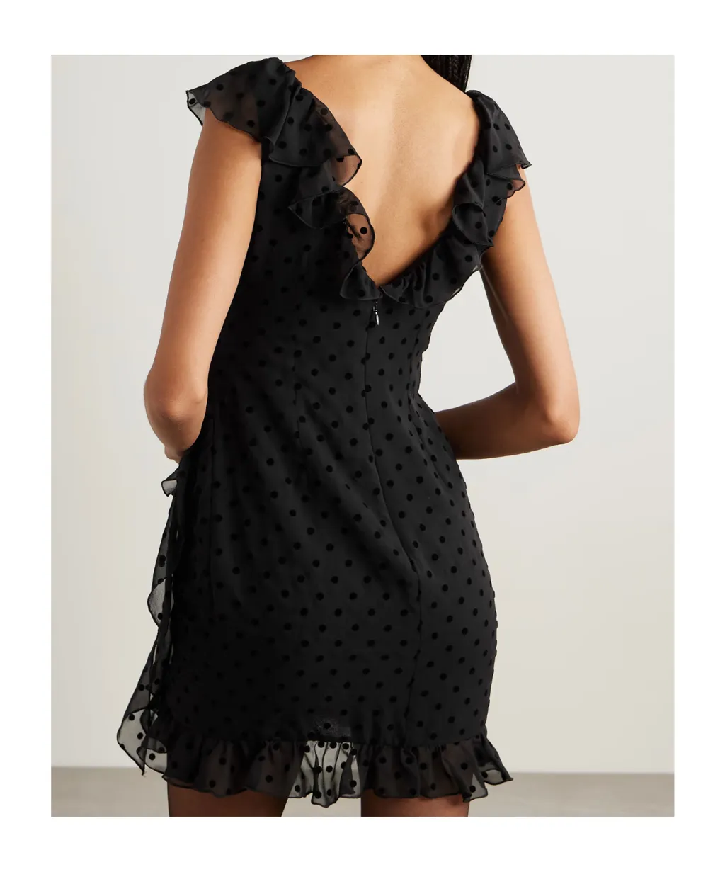 Bow-Embellished Ruffled Flocked Silk-Chiffon Mini Dress