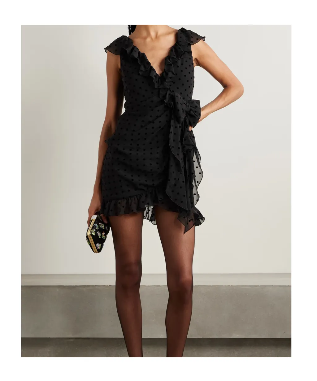 Bow-Embellished Ruffled Flocked Silk-Chiffon Mini Dress