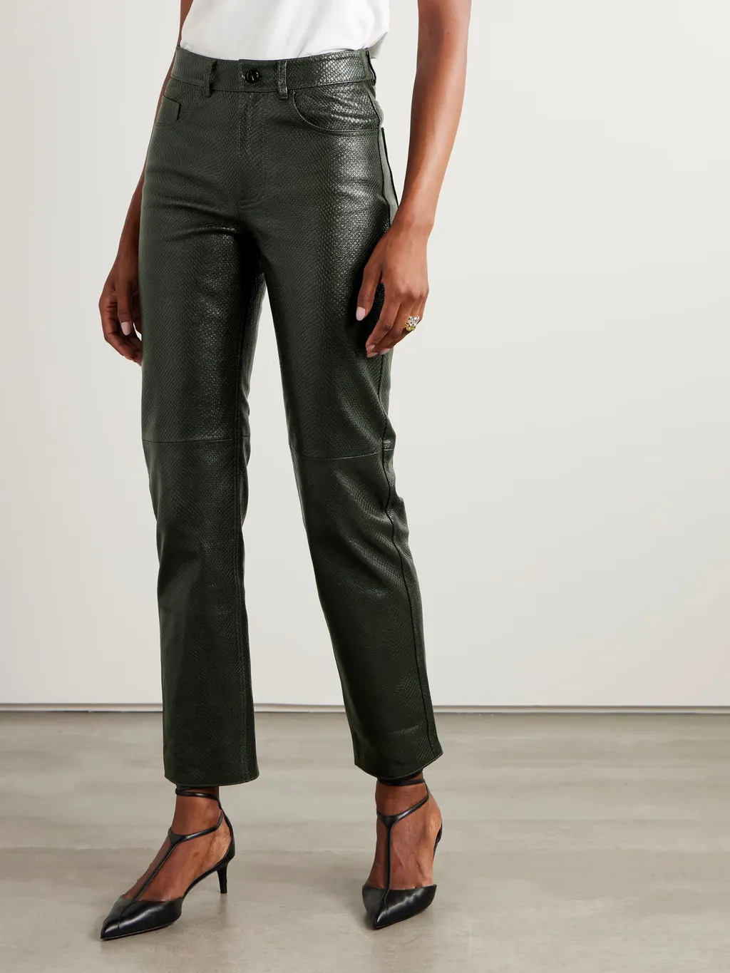 Emera Snake-Effect Leather Straight-Leg Pants