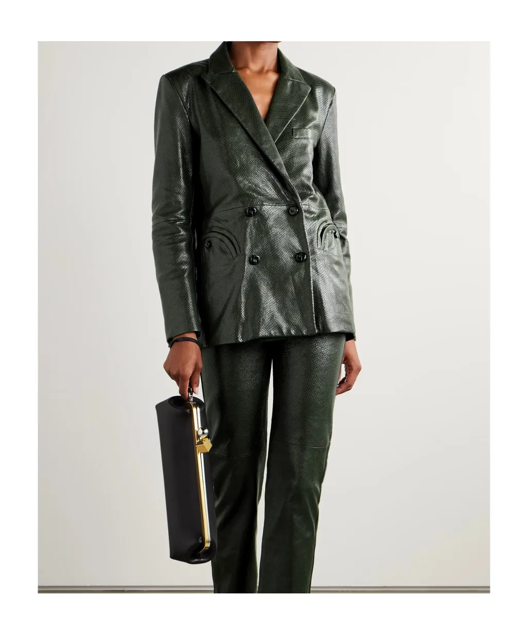 Emera Double-Breasted Snake-Effect Leather Blazer