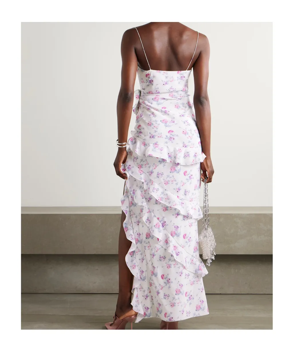 Ruffled Floral-Print Silk-Satin Gown