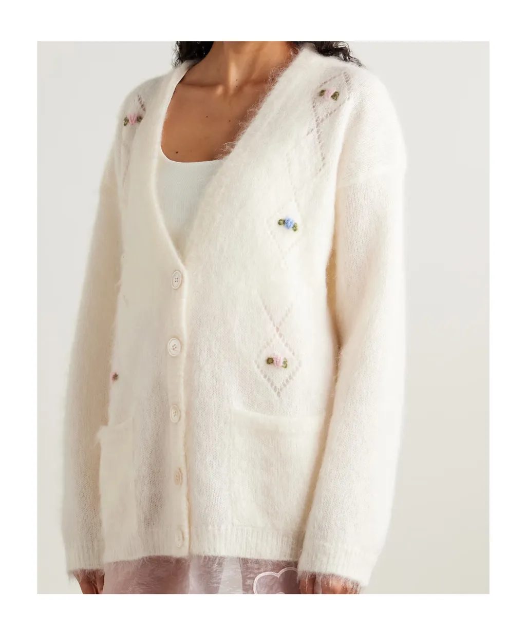 Embroidered Pointelle-Knit Mohair-Blend Cardigan