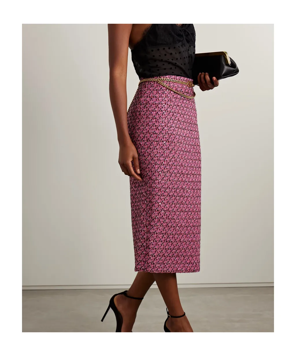 Sequin-Embellished Tweed Midi Skirt