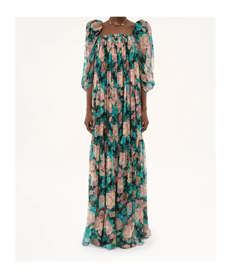 Silk Tulle Puff Sleeve Long Dress
