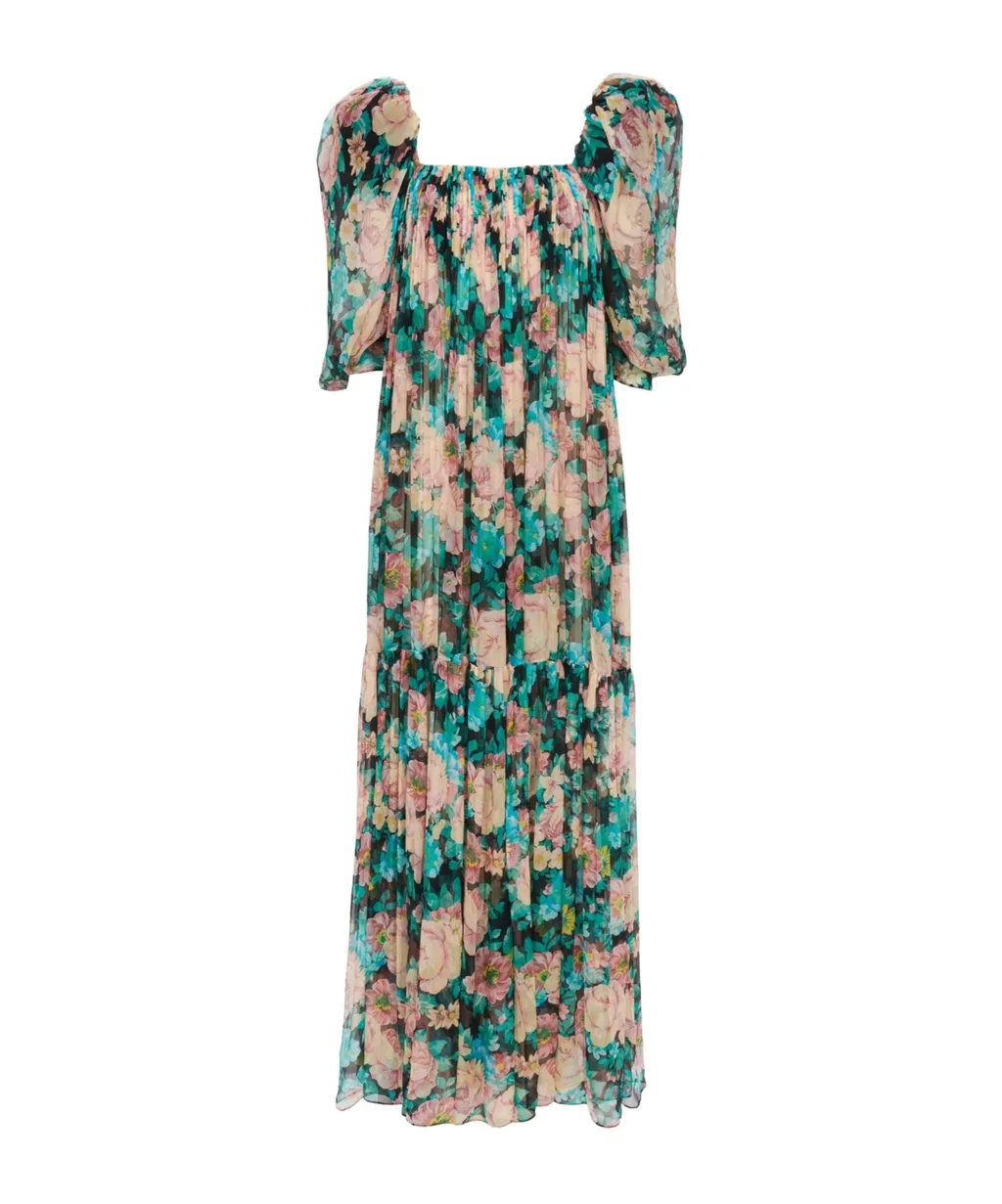 Silk Tulle Puff Sleeve Long Dress