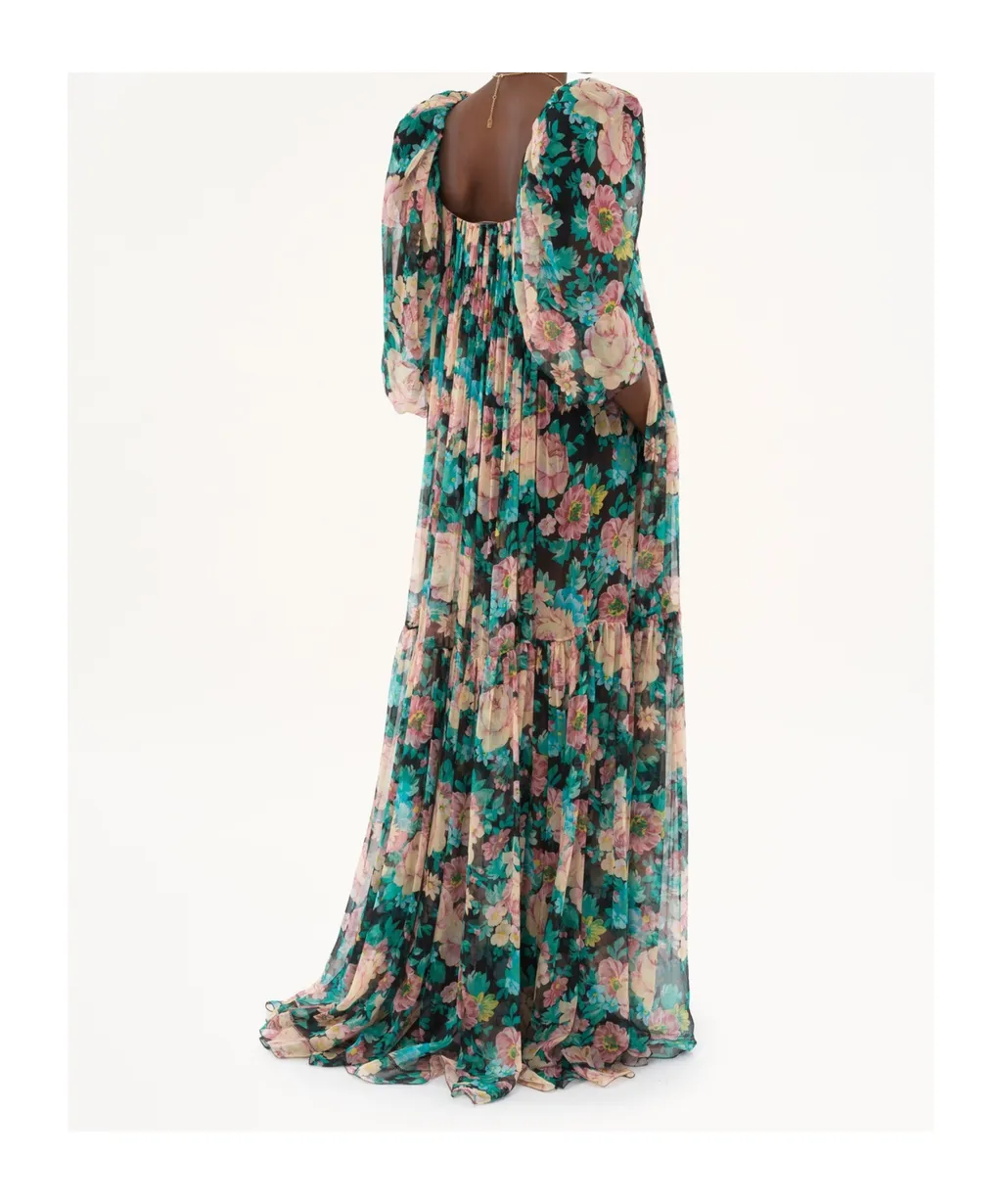 Silk Tulle Puff Sleeve Long Dress