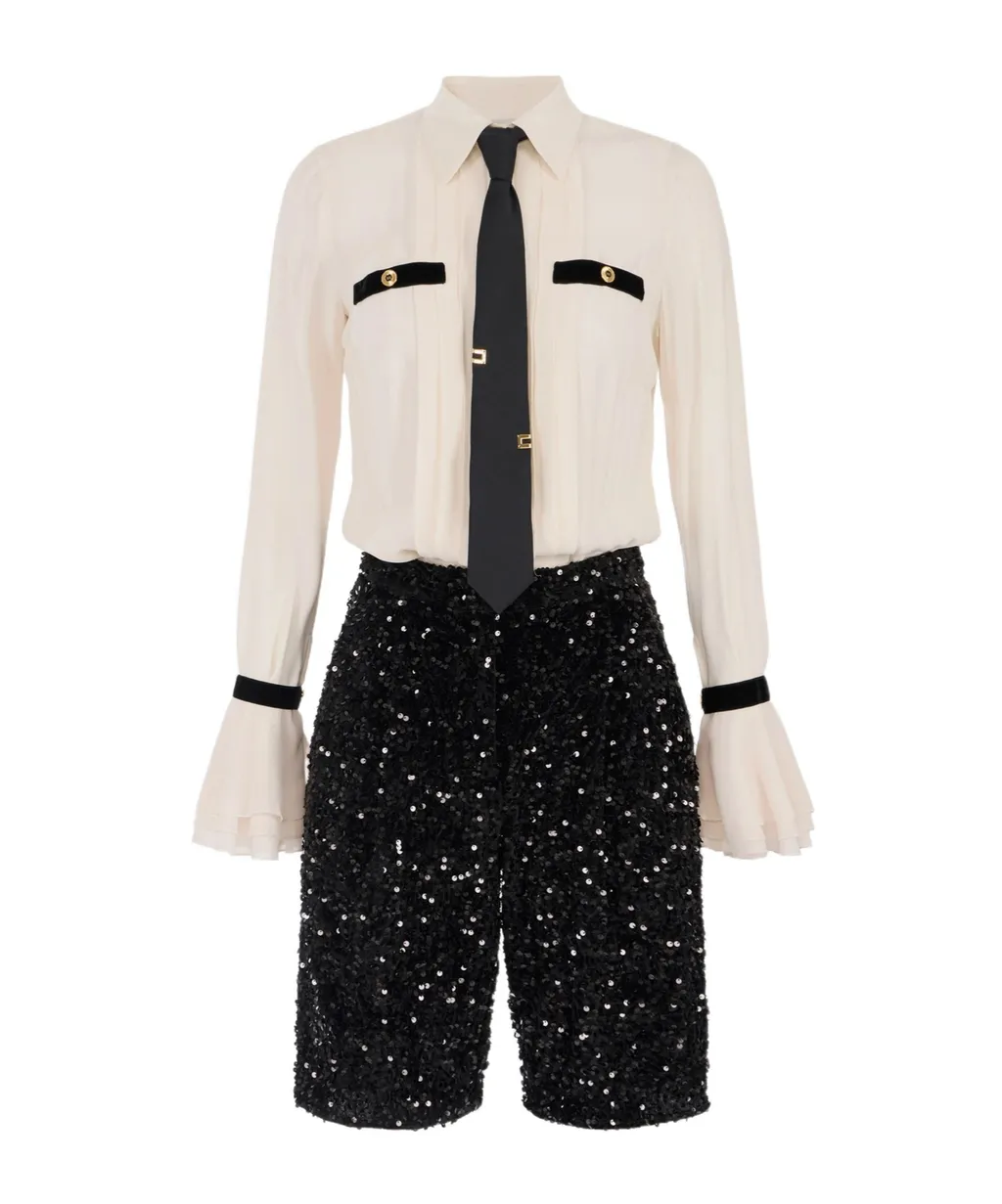 Sequin-Embellished Tie-Neck Playsuit