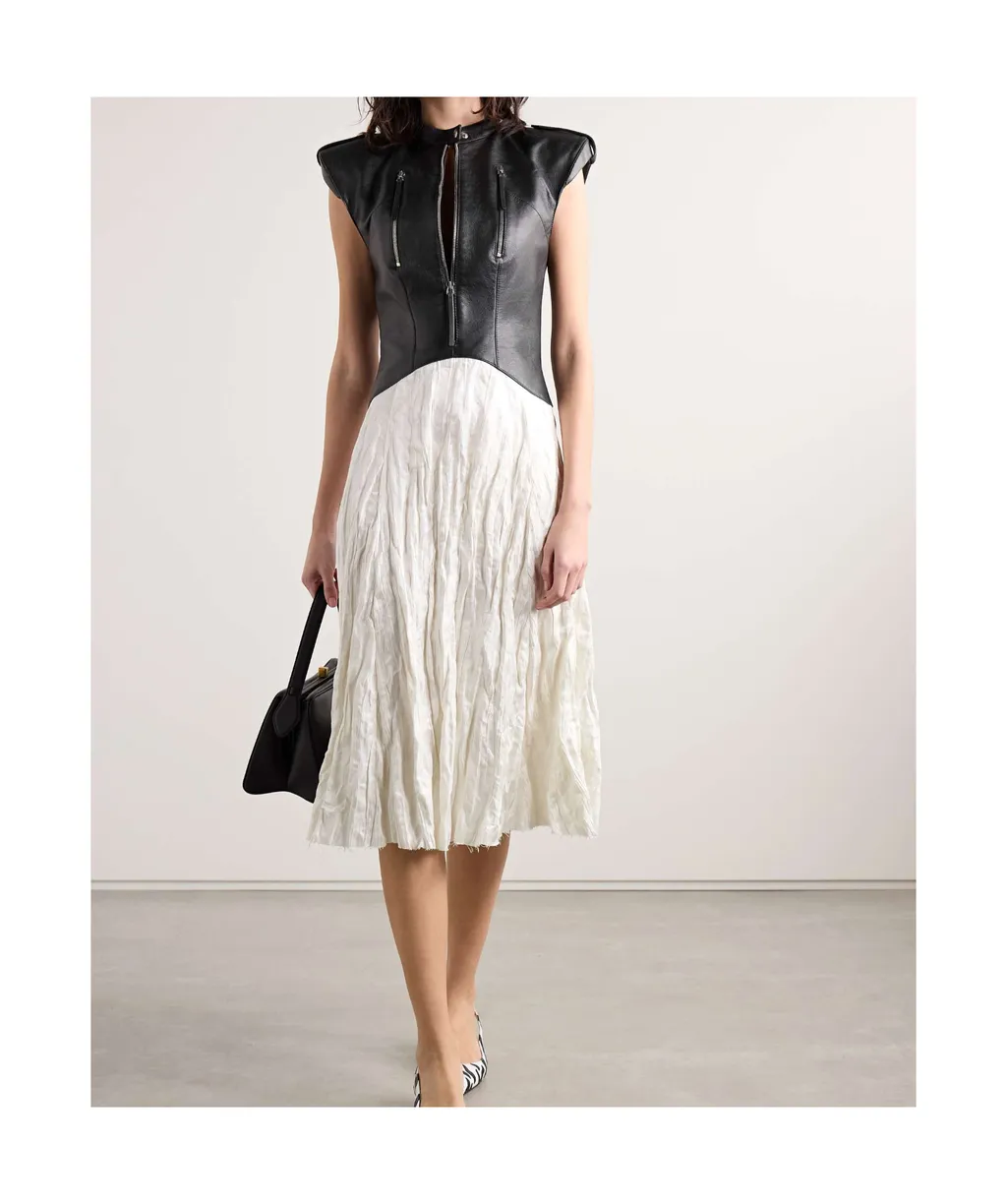 Athena Paneled Leather And Crinkled Silk-Blend Twill Midi Dress