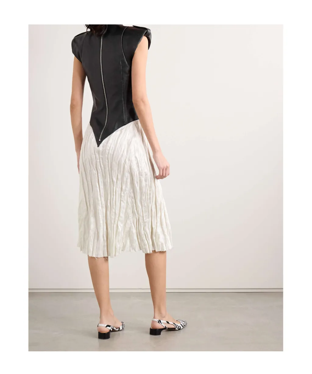 Athena Paneled Leather And Crinkled Silk-Blend Twill Midi Dress