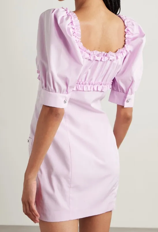 Velvet-Trimmed Ruffled Cotton-Poplin Mini Dress