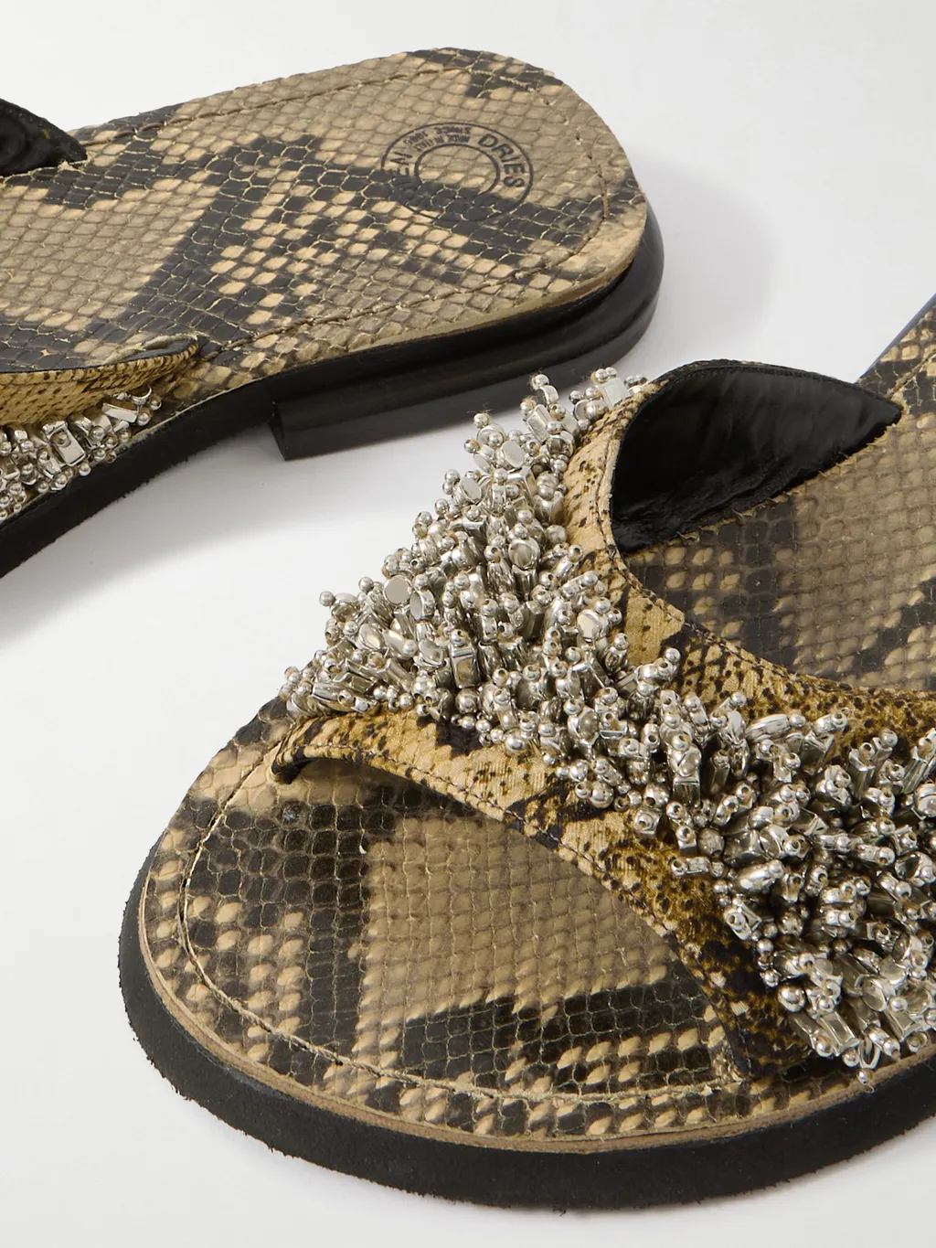 Embellished Snake-Effect Leather Slides