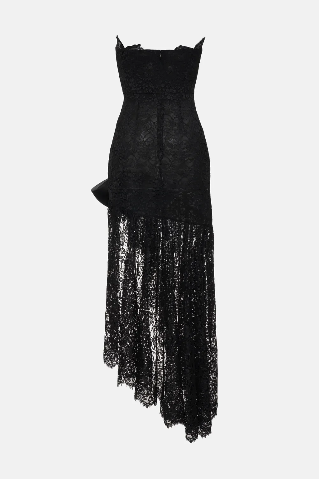 Bow-Detailed Strapless Asymmetric Silk-Lace Dress